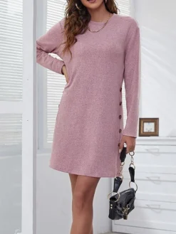 Women's Casual Dress T Shirt Dress Tee Dress Winter Dress Mini Dress Patchwork Button Daily Going Out Weekend Basic Elegant Crew Neck Long Sleeve Black Pink Grey Color S M L XL 2XL Size -HANs Plus Size Style Shop xeesem1693363966692
