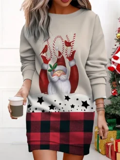 Women's Christmas Casual Dress Sweatshirt Dress Mini Dress Warm Fashion OutdoorVacation Crew Neck Print Santa Claus Loose Fit Black Red Beige S M L XL XXL -HANs Plus Size Style Shop xeolyq1695365433013