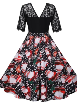 Women's Christmas Casual Dress Lace Dress Midi Dress Black Short Sleeve Santa Claus Hat Lace Print Winter Fall V Neck Vintage Elegant Casual 2022 S M L XL 2XL 3XL