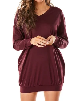 Women's Casual Dress Sweatshirt Dress Shift Dress Mini Dress Pocket Outdoor Street Daily Active Fashion V Neck Long Sleeve 2023 Loose Fit Black Wine Dark Grey Color S M L XL XXL Size -HANs Plus Size Style Shop xfrlve1694591870318