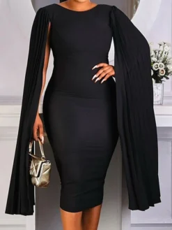 Women‘s Plus Size Curve Work Dress Solid Color Crew Neck Long Sleeve Spring Fall Work Formal Midi Dress Date Vacation Dress -HANs Plus Size Style Shop xfsxhh1661221675982