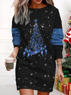 Women's Christmas Casual Dress Sweatshirt Dress Mini Dress Warm Fashion Outdoor Vacation Crew Neck Print Christmas Tree Loose Fit Pink Blue Purple S M L XL XXL -HANs Plus Size Style Shop xfzyqz1695375612894