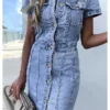 Women's Denim Dress Denim Shirt Dress Midi Dress Denim Elegant Casual Daily Vacation Shirt Collar Button Pocket Short Sleeve Summer Spring Fall 2022 Slim Light Blue Pure Color S M L XL