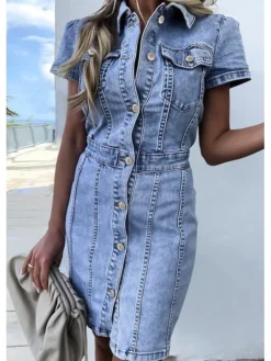 Women's Denim Dress Denim Shirt Dress Midi Dress Denim Elegant Casual Daily Vacation Shirt Collar Button Pocket Short Sleeve Summer Spring Fall 2022 Slim Light Blue Pure Color S M L XL