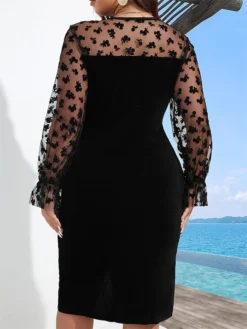 Women‘s Plus Size Curve Party Dress Cocktail Dress Wedding Guest Dress Black Dress Midi Dress Long Sleeve Pure Color Mesh Spring Fall Winter V Neck Fashion Winter Dress Birthday Wedding Guest -HANs Plus Size Style Shop xghwgp1691647577141