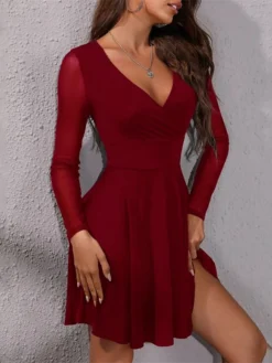 Women's Casual Dress A Line Dress Mini Dress Black Wine Long Sleeve Pure Color Mesh Summer Spring V Neck Fashion Vacation Fall Dress 2023 S M L XL -HANs Plus Size Style Shop xgxedc1646884622514