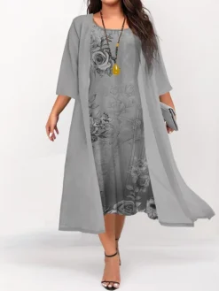 Women's Plus Size Curve Two Piece Dress Set Casual Dress Swing Dress Outdoor Daily Fashion Elegant Print Midi Dress Crew Neck 3/4 Length Sleeve Floral Light Green Blue Dark Green Fall Winter S M -HANs Plus Size Style Shop xhgjxx1692934058855