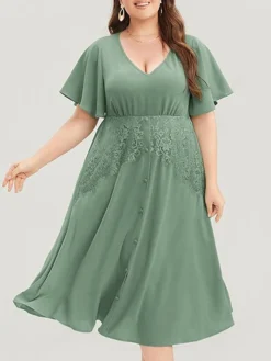 Women's Plus Size Curve Party Dress Cocktail Dress Wedding Guest Dress Midi Dress Green Short Sleeve Pure Color Lace Summer Spring Fall V Neck Fashion Birthday Wedding Guest Vacation XL XXL 3XL 4XL -HANs Plus Size Style Shop xhgyhg1692165862336