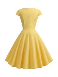 Women's Swing Dress Vintage Tea Dresses Midi Dress Black Yellow Pink Short Sleeve Pure Color Ruched Spring Summer Crew Neck Vintage Daily Weekend Slim S M L XL XXL -HANs Plus Size Style Shop xhmzip1629364280016