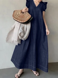 Women's Denim Dress Swing Dress Maxi Long Dress Denim Fashion Casual Outdoor Daily Vacation V Neck Pocket Short Sleeve Summer Spring 2023 Regular Fit Black Navy Blue Sky Blue Pure Color S M L XL 2XL -HANs Plus Size Style Shop xhudfs1678173792712