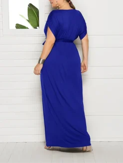 Women's Plus Size Curve Party Dress Sheath Dress Formal Dress Maxi Dress White Wine Royal Blue Short Sleeve Pure Color Lace Up Spring Fall Autumn V Neck Fashion Birthday Wedding Guest Vacation -HANs Plus Size Style Shop xhxfyk1692178812982