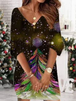 Women‘s Christmas Sweatshirt Dress Winter Dress Short Mini Dress Green Purple 3/4 Length Sleeve Tree Print Fall Winter V Neck Vacation Casual 2022 S M L XL XXL 3XL