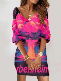 Women's Casual Dress Sweatshirt Dress Print Dress Abstract Print V Neck Mini Dress Fashion Streetwear Outdoor Daily 3/4 Length Sleeve Loose Fit Light Pink Blush Pink Purple Fall S M L XL XXL