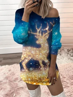 Women‘s Christmas Casual Dress Sweatshirt Dress Mini Dress Warm Fashion Outdoor Holiday Crew Neck Print Santa Claus Snowman Loose Fit Red Burgundy Royal Blue S M L XL XXL -HANs Plus Size Style Shop xihrue1694166434327