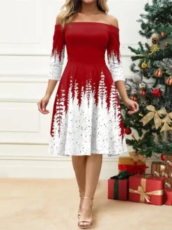 Women's Retro 1950s Vintage Dress Midi Dress Christmas Daily Print Christmas Tree Off Shoulder 3/4 Length Sleeve Slim Spring Fall 2023 Red Blue S M L XL