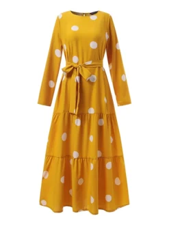 Women's Vintage Dress Kaftan Dress Polka Dot Dress Long Dress Maxi Dress Yellow Wine Navy Blue Long Sleeve Polka Dot Lace Up Spring Fall Winter Crew Neck Muslim Vacation Loose Fit 2023 S M L XL XXL -HANs Plus Size Style Shop xioskd1670928748615