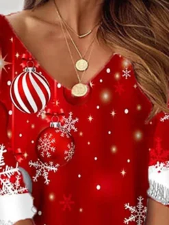 Women's Christmas Sweatshirt Dress Shift Dress Mini Dress Wine 3/4 Length Sleeve Snowflake Print Winter Fall Autumn V Neck Fashion 2022 S M L XL XXL 3XL -HANs Plus Size Style Shop xjormz1667900369249