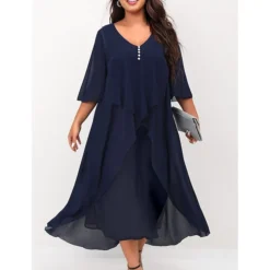 Women‘s Plus Size Curve Work Dress Holiday Dress Swing Dress Classic Holiday Date Vacation Midi Dress Ruched Mesh V Neck Half Sleeve Solid Color Plain Regular Fit Wine Dark Blue Fall Winter