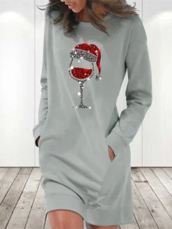 Women's Casual Dress Sweatshirt Dress Shift Dress Mini Dress Light Blue White Grey Long Sleeve Christmas Hat Pocket Fall Winter Autumn Crew Neck Stylish Winter Dress Christmas Fall Dress Loose Fit -HANs Plus Size Style Shop xjumkh1666088713123