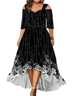 Women‘s Plus Size Curve Party Dress Wedding Guest Dress Swing Dress Long Dress Maxi Dress Black White Pink 3/4 Length Sleeve Floral Cold Shoulder Summer Spring Fall V Neck Fashion Birthday -HANs Plus Size Style Shop xkehww1690280961364