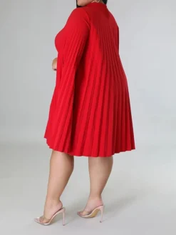 Women‘s Plus Size Curve Casual Dress Shift Dress Solid Color Midi Dress Long Sleeve Pleated Stand Collar Basic Daily Black White Fall Spring XL XXL 3XL 4XL 5XL -HANs Plus Size Style Shop xkelib1672817486412