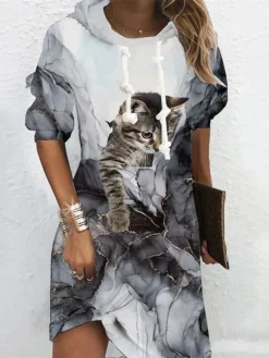 Women's Casual Dress Hoodie Dress Shift Dress Mini Dress Black White Grey Long Sleeve Animal Print Spring Fall Winter Hooded Fashion 2023 S M L XL XXL 3XL