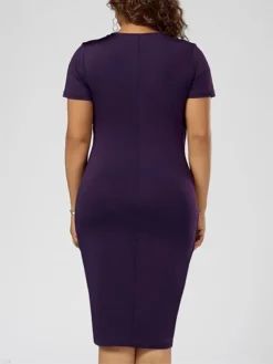 Women‘s Plus Size Curve Work Dress Solid Color V Neck Ruched Short Sleeve Summer Spring Work Knee Length Dress Work Vacation Dress -HANs Plus Size Style Shop xkjgct1659091098908