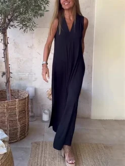 Women's Long Dress Maxi Dress Casual Dress White Dress Tank Dress Plain Fashion Basic Outdoor Daily Holiday Split Sleeveless V Neck Dress Regular Fit Black White Navy Blue Summer Spring S M L XL XXL -HANs Plus Size Style Shop xkyhcz1681108217794
