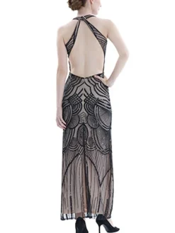 Women's Retro 1920s Sequin Dress Long Dress Maxi Dress Party Evening Party Sequins Backless Geometric Halter Neck Sleeveless Regular Fit Spring Fall 2023 Black Gold S M L XL -HANs Plus Size Style Shop xmeymy1692942407063