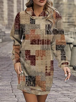 Women's Casual Dress Hoodie Dress Mini Dress Warm Fashion Outdoor Vacation Going Out Hoodie Pocket Print Geometric Regular Fit Wine Blue Khaki S M L XL XXL