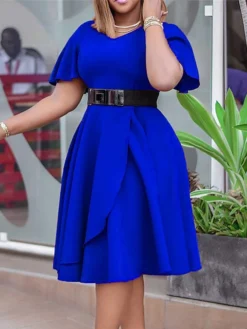 Women‘s Plus Size Curve Flattering Dresses Elegant Apple Shaped Dress Wedding Guest Work Dress Pure Color V Neck Ruffle Short Sleeve Spring Fall Work Knee Length Dress Going Out Work Dress -HANs Plus Size Style Shop xmmmdp1666680377064