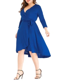 Women‘s Plus Size Curve Work Dress Semi Formal Dress Wrap Dress Fashion Midi Dress Lace Up V Neck Long Sleeve Plain Regular Fit Black Blue Spring Fall XL XXL 3XL 4XL 5XL -HANs Plus Size Style Shop xmmzrc1691402327047