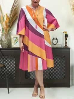 Women‘s Plus Size Curve Casual Dress Shift Dress Geometric Midi Dress Half Sleeve Print V Neck Fashion Daily Green Fuchsia Spring Fall XL XXL 3XL 4XL 5XL
