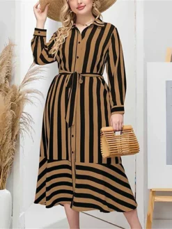 Women's Plus Size Shirt Dress Casual Dress Swing Dress Midi Dress Outdoor Daily Date Polyester Fashion Modern Shirt Collar Lace Up Button Long Sleeve Fall Winter 2023 Loose Fit Brown Striped L XL 2XL -HANs Plus Size Style Shop xncytk1693451925909