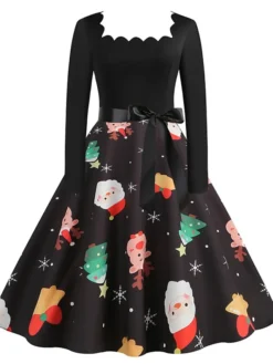 Women's Christmas Vintage Dress Midi Dress Black And White Green Black Long Sleeve Santa Claus Bow Winter Fall Autumn Square Neck Stylish Christmas Vacation 2022 S M L XL XXL 3XL -HANs Plus Size Style Shop xnecpa1667637302009