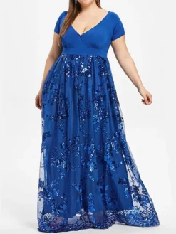 Women's Plus Size Swing Dress Solid Color V Neck Layered Short Sleeve Fall Prom Dresses Maxi Long Dress Party Dress -HANs Plus Size Style Shop xngbsh1629106117872