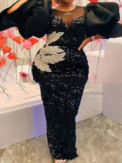 Women‘s Plus Size Curve Party Dress Leaf Crew Neck Sequins 3/4 Length Sleeve Spring Fall Stylish Elegant Prom Dress Maxi Long Dress Formal Party Dress Sequin Dress Mesh