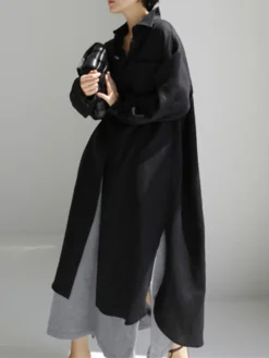 Women's Shirt Dress Casual Dress Linen Dress Maxi Long Dress Winter Dress Daily Holiday Polyester Casual Mature Shirt Collar Zipper Button Long Sleeve Summer Spring Fall 2023 Loose Fit Black Navy -HANs Plus Size Style Shop xnmgbp1655346773986