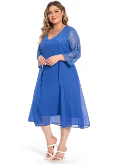 Women‘s Plus Size Curve Party Dress Lace Dress Work Dress Midi Dress Blue 3/4 Length Sleeve Pure Color Lace Summer Spring Fall V Neck Fashion Wedding Guest Summer Dress 2023 L XL XXL 3XL 4XL 5XL -HANs Plus Size Style Shop xnpfgg1694768969668