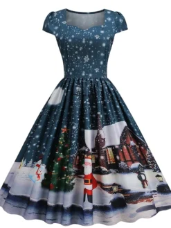 Women's Christmas Swing Dress Vintage DressKnee Length Dress Blue Wine Red Light BlueShort Sleeve Santa Claus Snowman Tree Print Fall Winter Square Neck Vintage Elegant Slim 2022 S M L XL -HANs Plus Size Style Shop xnvanv1667889860269