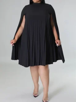 Women‘s Plus Size Curve Casual Dress Shift Dress Solid Color Midi Dress Long Sleeve Pleated Stand Collar Basic Daily Black White Fall Spring XL XXL 3XL 4XL 5XL -HANs Plus Size Style Shop xokekx1672817488449