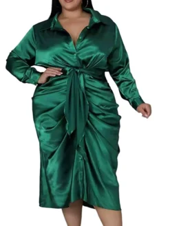 Women‘s Plus Size Curve Flattering Dresses Elegant Apple Shaped Dress Wedding Guest Work Dress Pure Color Shirt Collar Long Sleeve Fall Winter Work Midi Dress Going Out Work Dress Shirt Dress -HANs Plus Size Style Shop xoqbfj1663665116725