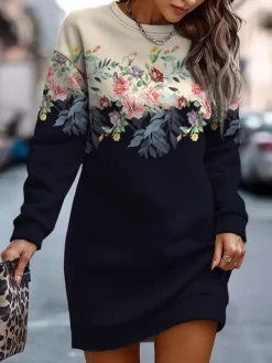 Women's Casual Dress Sweatshirt Dress Mini Dress Warm Fashion Outdoor Holiday Vacation Crew Neck Print Floral Loose Fit Pink Royal Blue Blue S M L XL XXL -HANs Plus Size Style Shop xosblt1693886822572