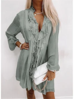 Women's Chiffon Dress Knee Length Dress Pink Gray Long Sleeve Solid Color Ruffle Summer Spring V Neck Casual Winter Dress Fall Dress 2023 S M L XL XXL -HANs Plus Size Style Shop xourwz1624862938116