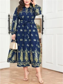 Women's Plus Size Curve Party Dress Wedding Guest Dress Long Dress Maxi Dress Dark Blue Long Sleeve Flower Lace Up Fall Winter Autumn Shirt Collar Fashion Evening Party Wedding Guest L XL -HANs Plus Size Style Shop xpcwgc1693210684452