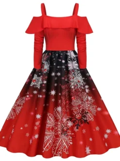 Women's Christmas Vintage DressKnee Length Dress Wine Light Red Red White Black Long Sleeve Santa Claus Elk Snowman Cold Shoulder Print Fall Winter Spaghetti Strap Vacation Vintage 2022 -HANs Plus Size Style Shop xpfnpc1665293365718