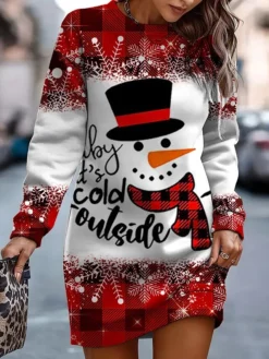 Women‘s Christmas Casual Dress Sweatshirt Dress Mini Dress Warm Fashion Outdoor Holiday Crew Neck Print Snowman Print Loose Fit Wine Red Purple S M L XL XXL -HANs Plus Size Style Shop xpmhmc1695096339081