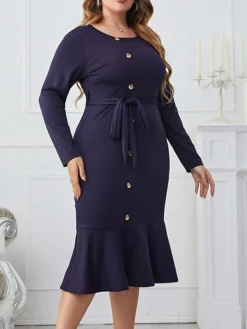 Women‘s Plus Size Curve Work Dress Sheath Dress Semi Formal Dress Fashion Midi Dress Lace Up Ruffle Crew Neck Long Sleeve Plain Regular Fit Navy Blue Spring Fall XL XXL 3XL 4XL -HANs Plus Size Style Shop xpoizs1692089358186