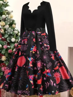Women's Christmas Casual Dress Swing Dress Vintage Dress Midi Dress Black Wine Orange Long Sleeve Animal Bow Winter Fall Autumn V Neck 2022 S M L XL XXL 3XL -HANs Plus Size Style Shop xqcmto1668072723714