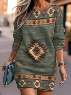 Women's Casual Dress Sweatshirt Dress Mini Dress Warm Fashion Outdoor Vacation Going Out Crew Neck Print Floral Geometric Loose Fit Black Rusty Red Blue S M L XL XXL